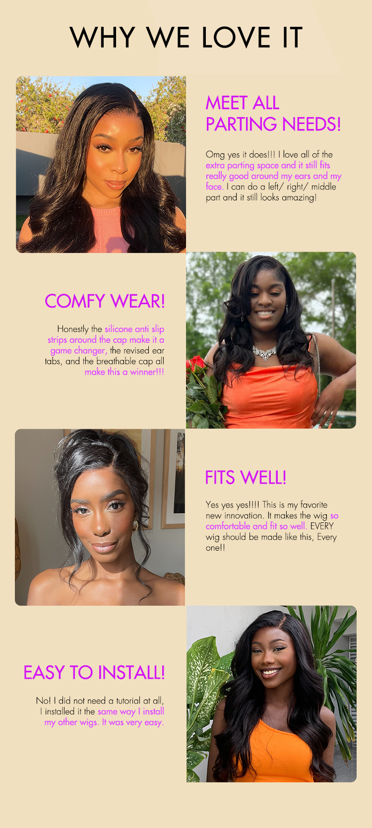 Four women showcasing versatile, comfortable, and easy-to-install human hair wigs