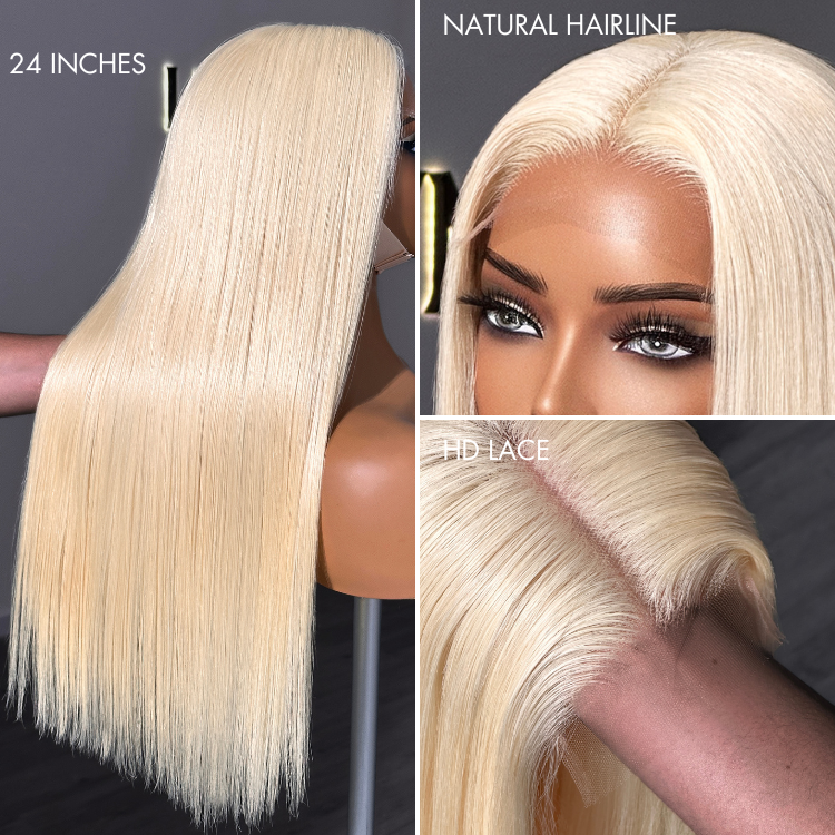 PreMax Wigs - 180% Density Easily Redyed 613 Silky Straight 5x5 Closure HD Lace Glueless Mid Part Long Wig Pre-cut & Plucked & Bleached-image-40309735850074