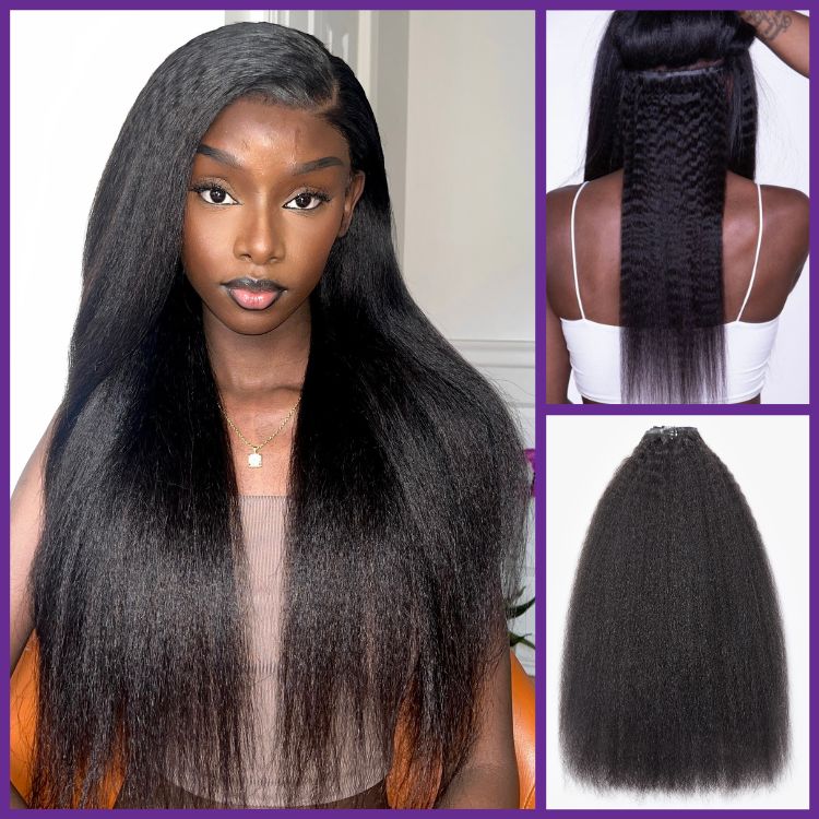 Full Hair Kinky Straight Seamless Clip in Human Hair Extensions Hair Pieces 135g 9pcs / 7pcs with Free Gift - Limited Offer-image-41379246571610