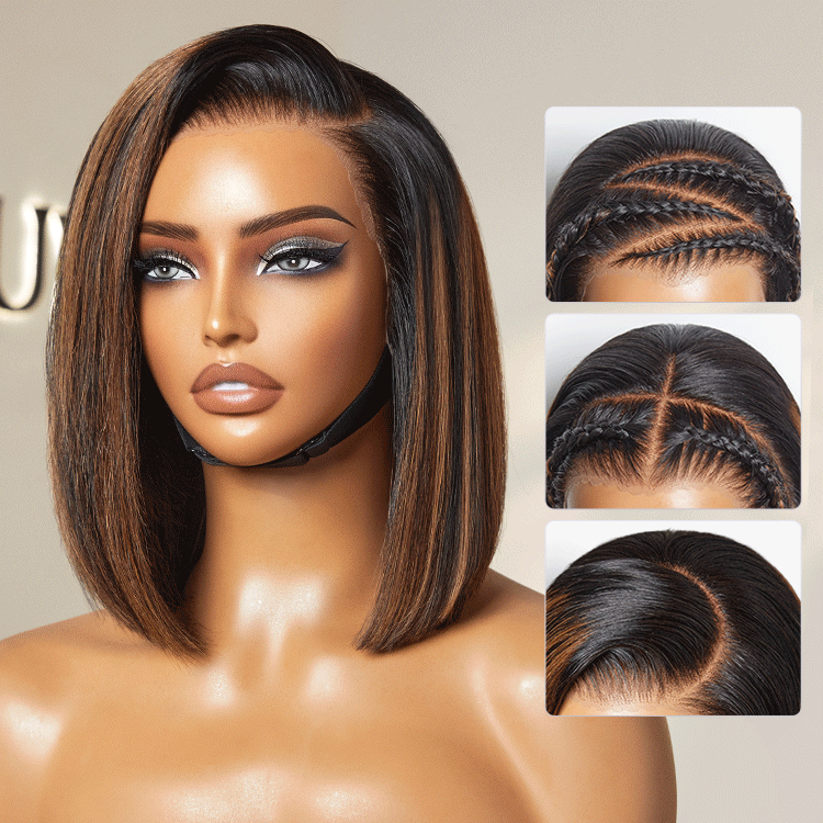 PreMax Wigs | Natural Looking Brown Highlight Silky Blunt Cut Bob Glueless 13x4 Frontal Pre-Cut Lace Wig-image-41296200138842