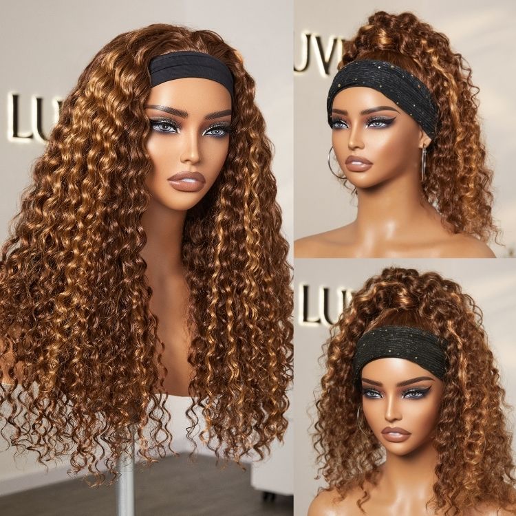 Black / Brown Highlight Deep Wave Headband Wig (Get Free Trendy Headbands)