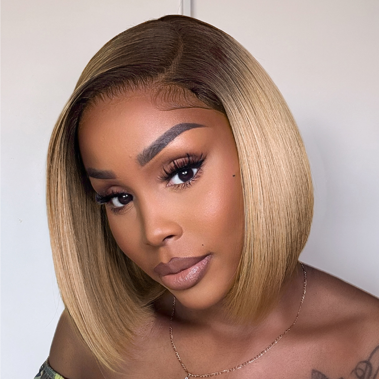 Special Offer , Ash Blonde Ombre / Natural Black Blunt Cut Bob Glueless Minimalist HD Lace Short Bob Wig Ready To Go