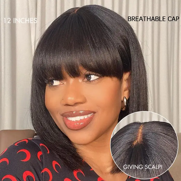 Put On and Go Ash Blonde Highlight / Brown Highlight / Natural Black Layered Cut Yaki Straight Minimalist Lace Bob Wig-image-40394171875418