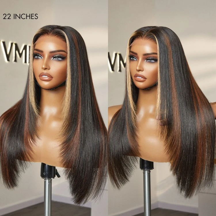 Black/Color Highlight 180% Density Layered Cut Glueless 5x5 Closure Lace Wig Pre-Plucked Hairline
