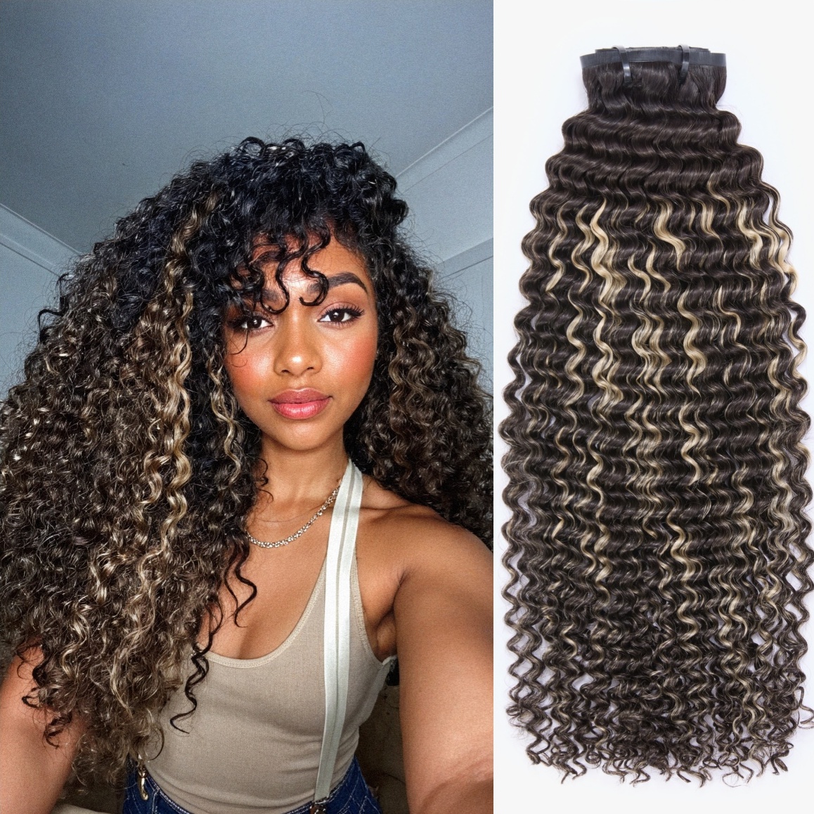 Highlights Silky Straight / Kinky Curly / Deep Wave Clip in Extensions Human Hair 135g 9pcs / 7pcs with Free Gift-image-41701682544730
