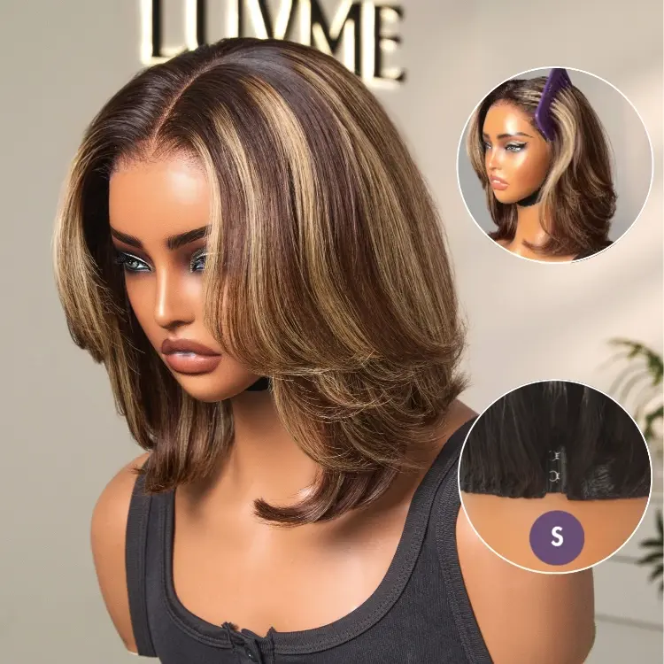 New Customers Only | Blonde Highlight / Brown Highlight Short Layered Bob Wig Glueless 5x5 Closure Pre-Cut Lace Wig-image-42014706040922