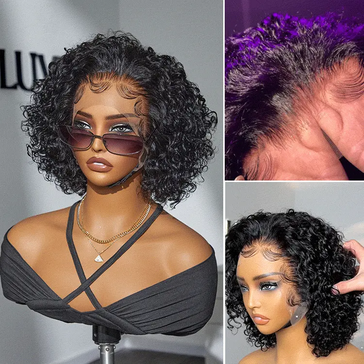 Brown Highlight / Jet Black Short Cut Slicked Back Curly Ear-to-ear Wide T Lace Wig-image-41467764834394