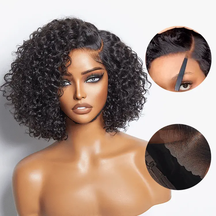 New Customers Only | Trendy Short Cut Curly Minimalist HD Lace Glueless Side Part Wig 100% Human Hair-image-42005202960474