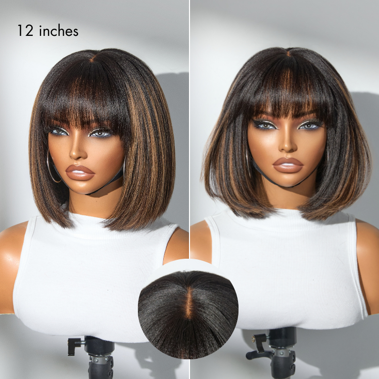 Put On and Go Realistic Glueless Yaki Straight Bob with Bangs Minimalist Lace Wig 100% Human Hair-image-40346264698970