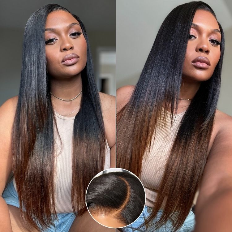Luvme All-Day Comfortâ¢ Wig Ombre Brown Layered Yaki Straight Glueless 7x6 Closure HD Lace Human Hair Long Wig Pre-Cut Lace