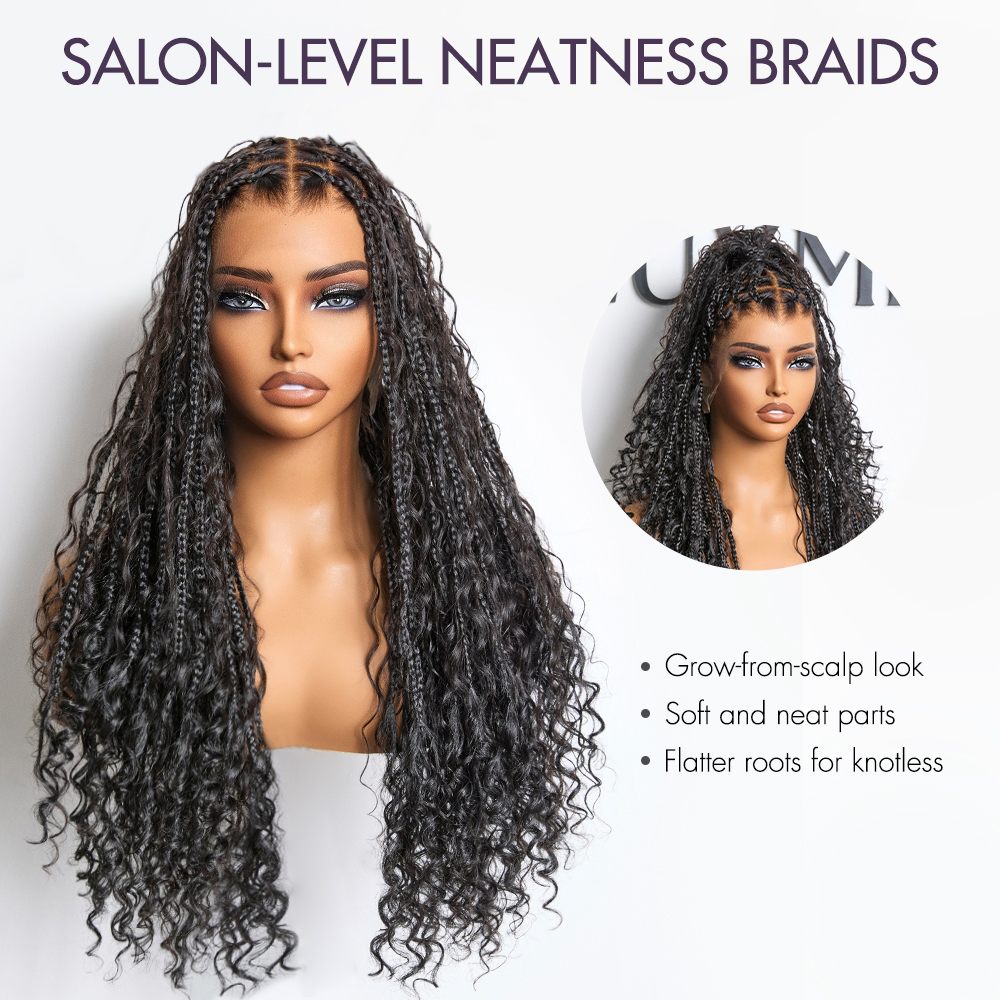 Special Deal | Flexi-Fit Invisi Drawstring Cap Full Lace Knotless Boho Curls Braided Long Wig Super Natural Scalp - US Only
