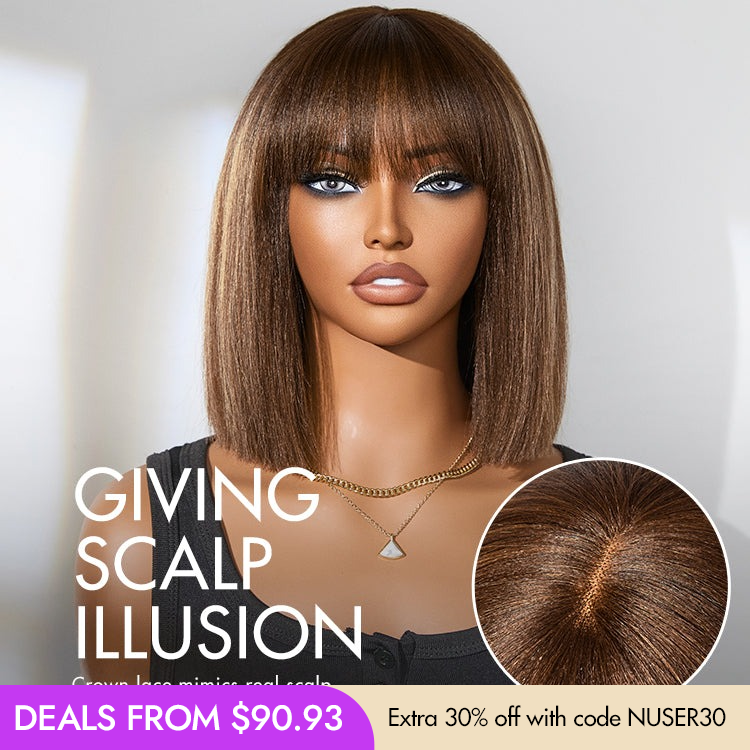 New Customers Only | Put On and Go Realistic Glueless Yaki Straight Bob with Bangs Minimalist Lace Wig 100% Human Hair-image-42014674288730