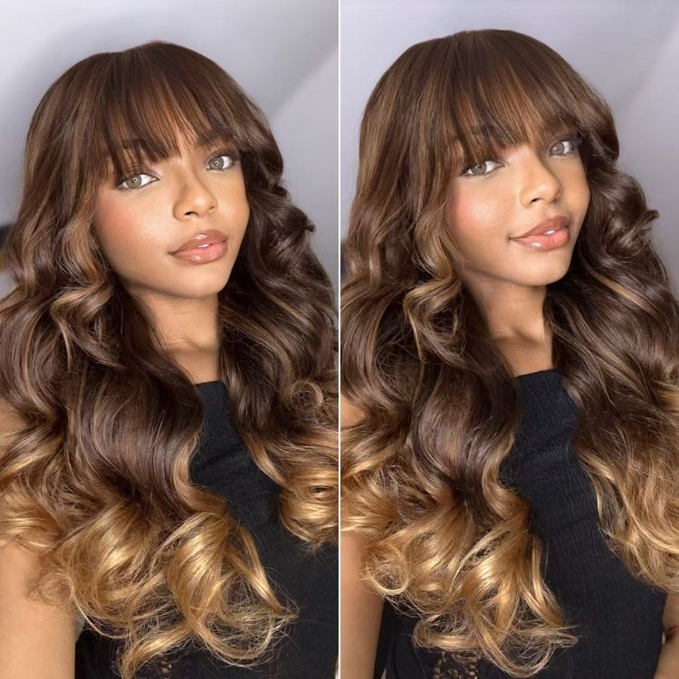 Luvme All-Day Comfortâ¢ Wig 180% Density Ombre Blonde Highlight Loose Body Wave Glueless 7x6 Closure HD Lace Human Hair Wig with Bangs Pre-Cut Lace