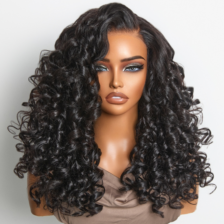 180% Density Bouncy Curls Glueless 5x5 Closure Pre-Cut Lace Layered Curly Wig Breathable Cap
