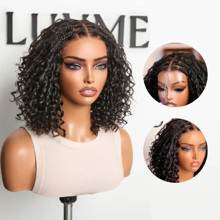 Readitressâ¢ Boho Braids Deep Curly Glueless 5x5 Closure Lace with Braided Top Human Hair Wig Pre-Cut Lace-image-43499929469018