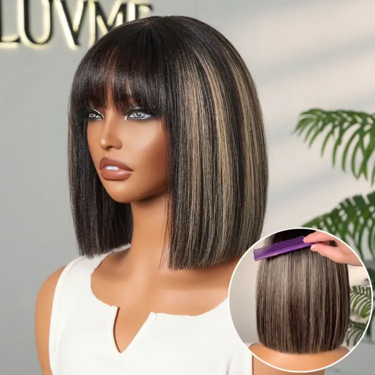 Put On and Go Blonde Highlight Yaki Straight Blunt Cut Bob Glueless Minimalist Lace Short Wig with Bangs-image-42420324925530