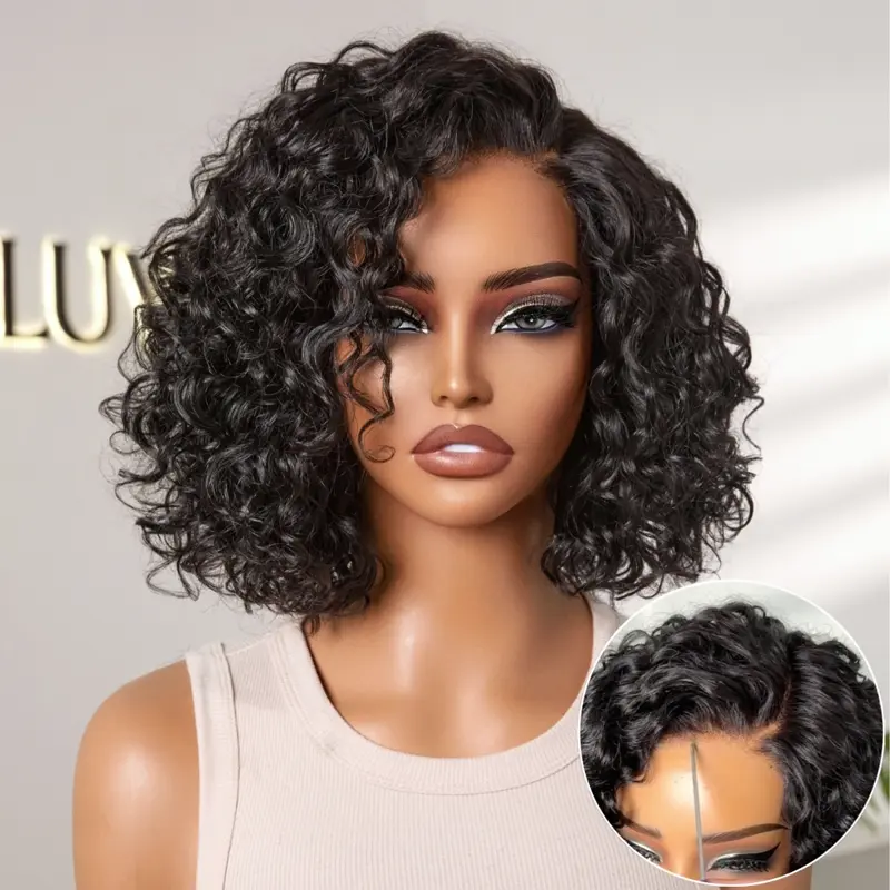 Ready to Go Blonde Highlight / Natural Black / Ombre Brown Water Wave Short Curly Bob Wig Glueless Minimalist HD Lace Wig Pre-Cut Lace-image-42474429382746
