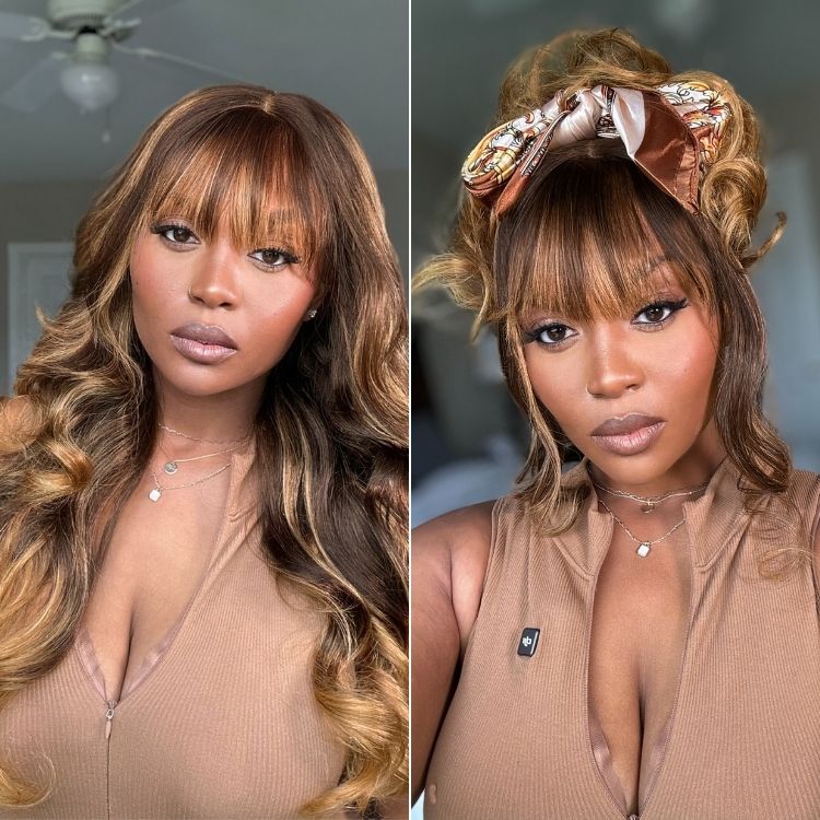 Luvme All-Day Comfortâ¢ Wig 180% Density Ombre Blonde Highlight Loose Body Wave Glueless 7x6 Closure HD Lace Human Hair Wig with Bangs Pre-Cut Lace