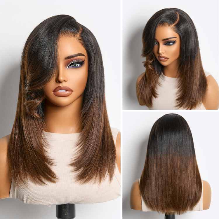 Luvme All-Day Comfortâ¢ Wig 180% Density Ombre Brown Butterfly Cut Layered Light Yaki Straight Glueless 7x6 Closure HD Lace Short Wig Pre-Cut Lace