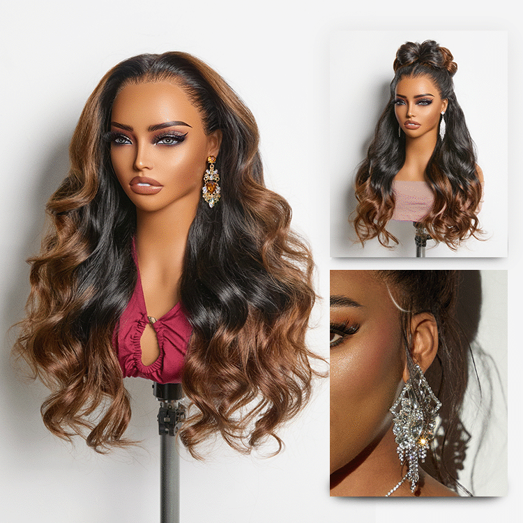 NatureMAXâ¢ 200% Density Glueless 13x4 HD Lace Front Wig Ombre Brown Loose Wave Human Hair Wig Pre-Cut Lace Flexi-Fit Drawstring Cap