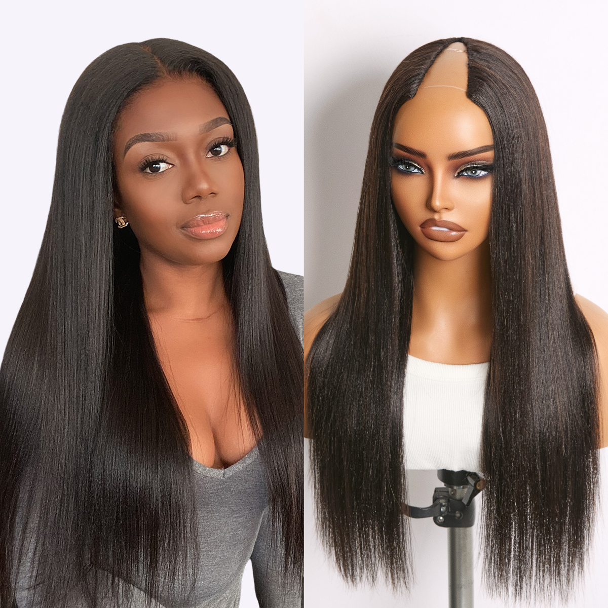 True Scalp Yaki Straight / Kinky Straight V Part Glueless Human Hair Wig Flexi-Fit Drawstring-image-42714085556314