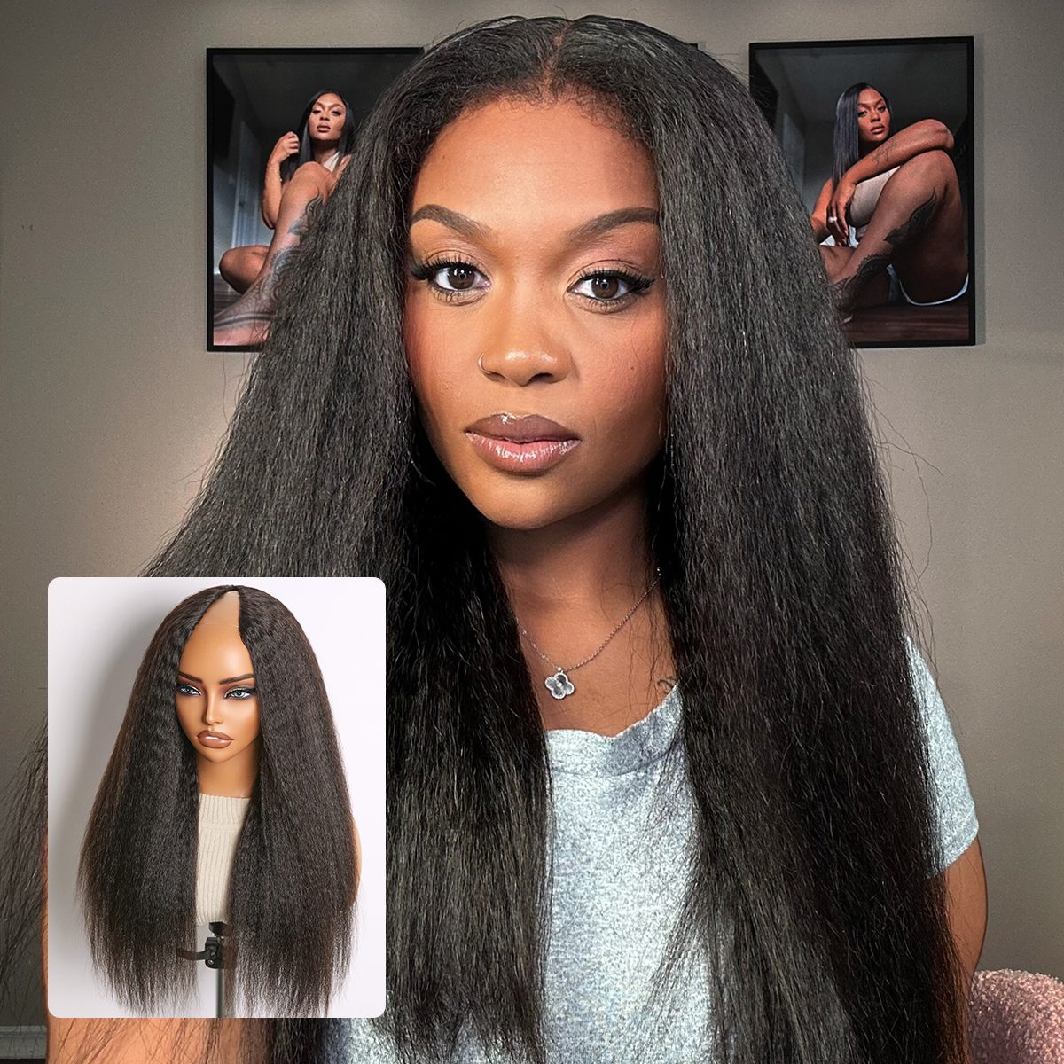 True Scalp Yaki Straight / Kinky Straight V Part Glueless Human Hair Wig Flexi-Fit Drawstring-image-42733627572314