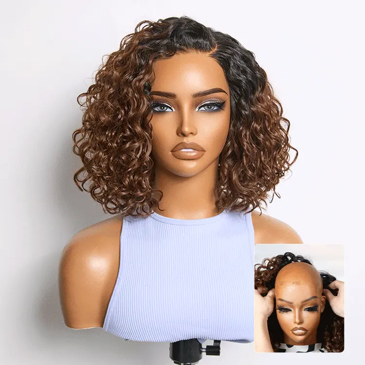 Ready to Go Water Wave Short Curly Bob Wig Glueless Minimalist HD Lace Wig Pre-Cut Lace-image-42755080847450