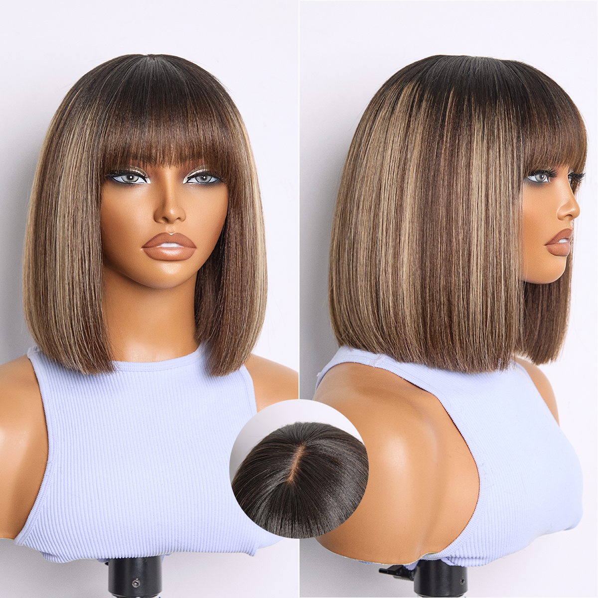 New Customers Only | Put On and Go Realistic Glueless Yaki Straight Bob with Bangs Minimalist Lace Wig 100% Human Hair-image-42995345358938