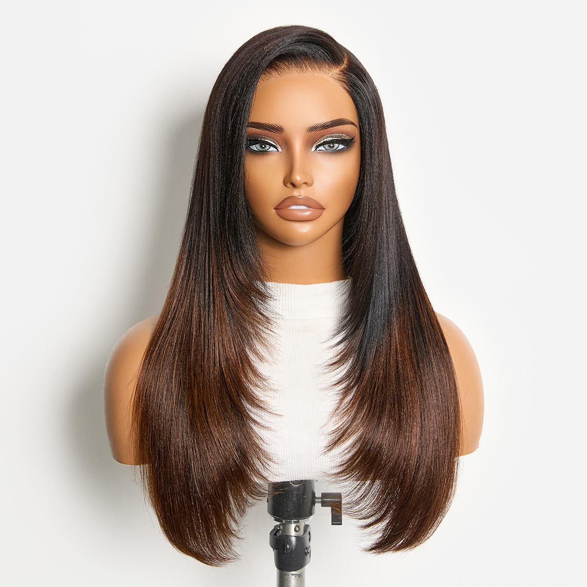 Luvme All-Day Comfortâ¢ Wig 180% Density Ombre Brown Butterfly Cut Layered Light Yaki Straight Glueless 7x6 Closure HD Lace Human Hair Wig Pre-Cut La