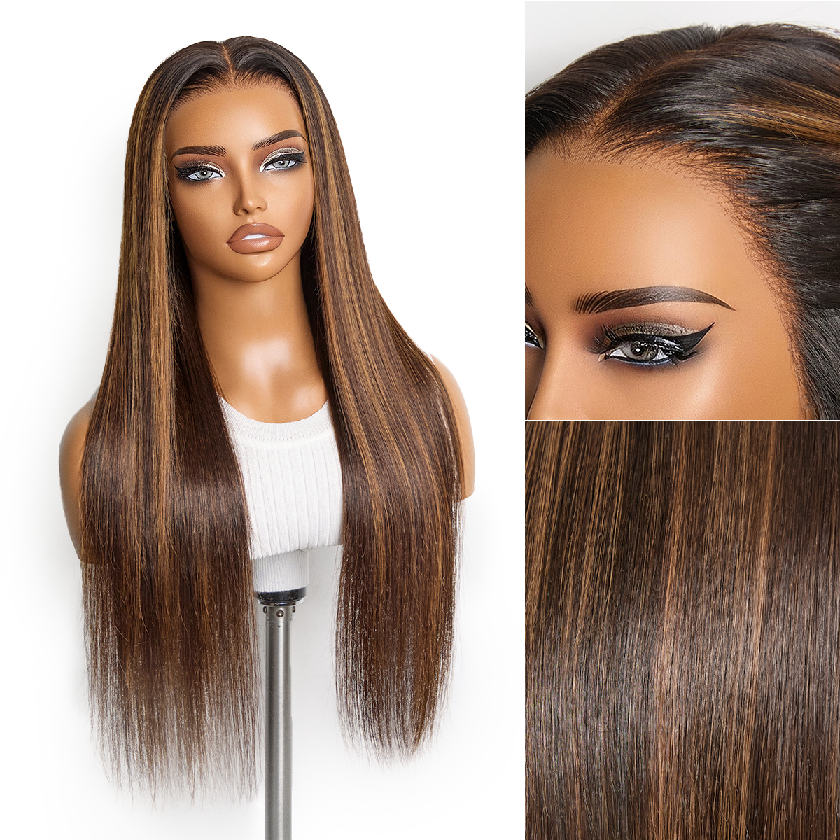 PreMax Wigs - Chestnut Brown with Honey Blonde Highlights Silky Straight 13x4 Frontal Lace Glueless Long Wig Pre-Cut Lace-image-43222687219802