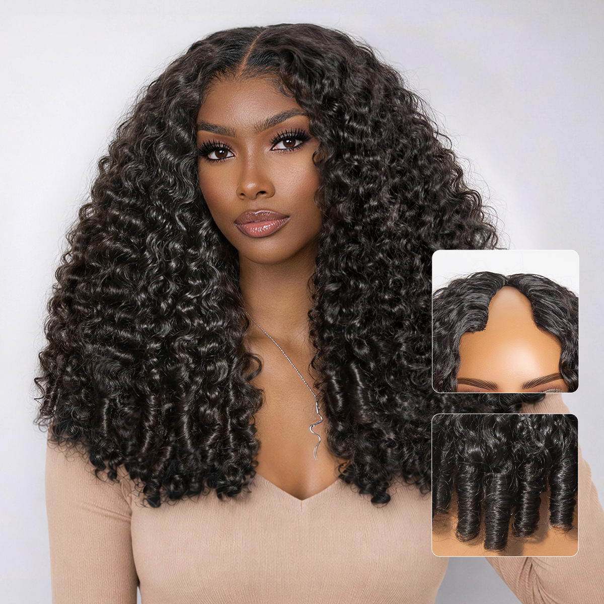 New Customers Only | True Scalp V Part 180% Density Burmese Curly Finger Coil Ends Glueless Human Hair Wig with Flexi-Fit Drawstring-image-43553066877018