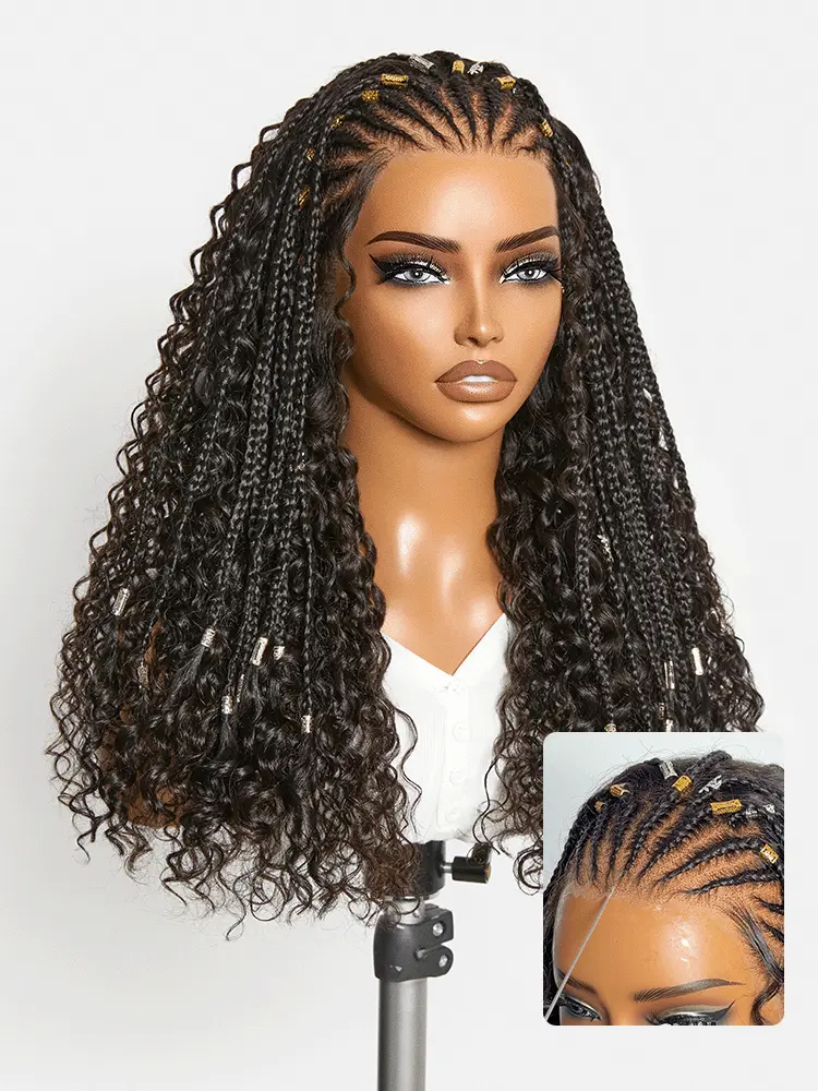 Natural Black Boho Cornrow Braids 13x4 Frontal Lace Deep Curly  Long Wig Pre-cut Lace-image-43375312601178