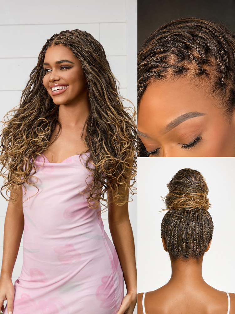 New Customers Only | OwnScalpâ¢ Ombre Honey Blonde French Curl Knotless Boho Braids HD Full Lace Long Wig Flexi Fit Invisi Drawstring Cap - US Only
