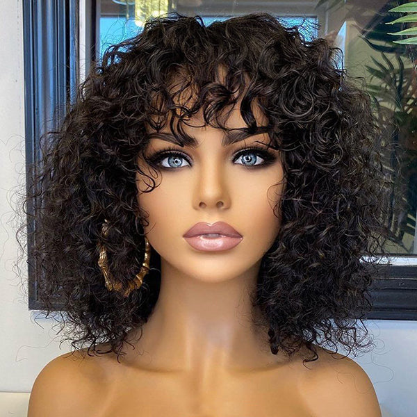 Beginner Friendly Water Wave Minimalist Lace Glueless Short Curly Wig with Bangs-image-40350998102106